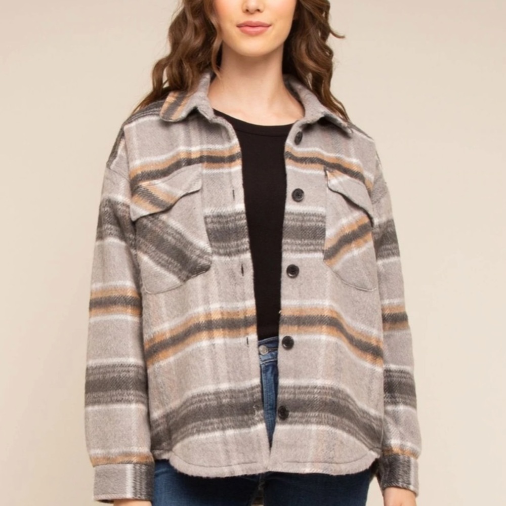 Thread & Supply Traverse City Flannel Jacket Shacket Charcoal Taupe Plaid XS